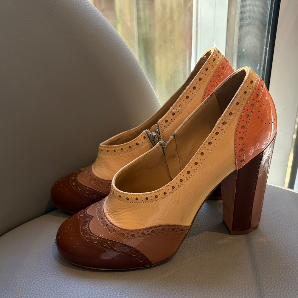 Miu Miu Patent Leather Colorblock Block-Heel Brogue Pumps Brown, Cream and Coral